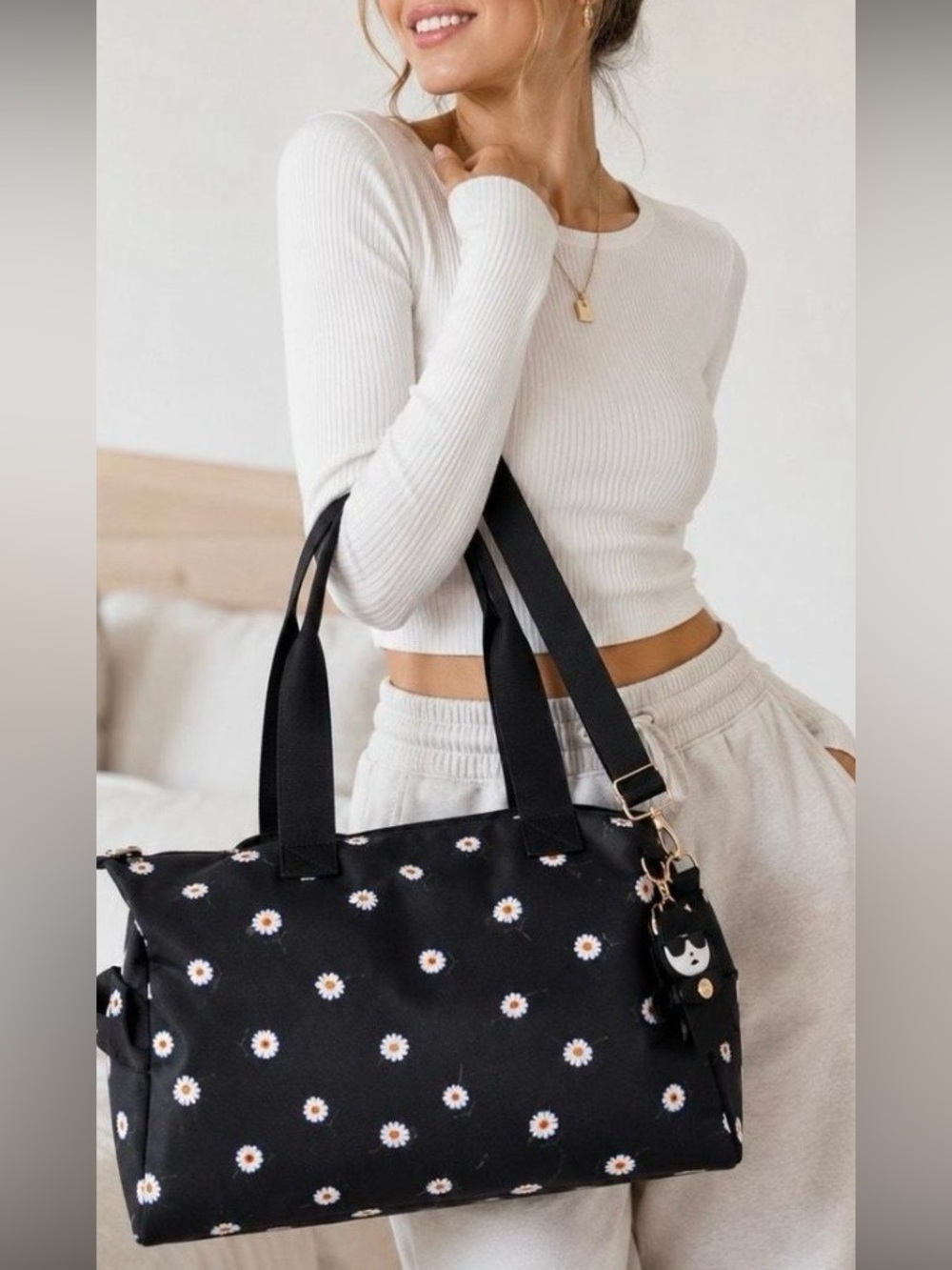 Alice + Olivia Black Daisy Floral Weekender travel Duffel Crossbody Bag